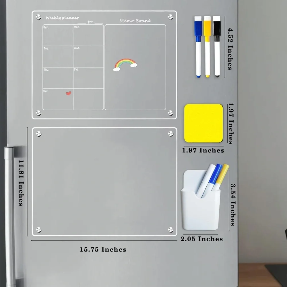 Acrylic Magnetic Calendar for Fridge, 2 Set 16''x12'' Clear Weekly & Memo Board